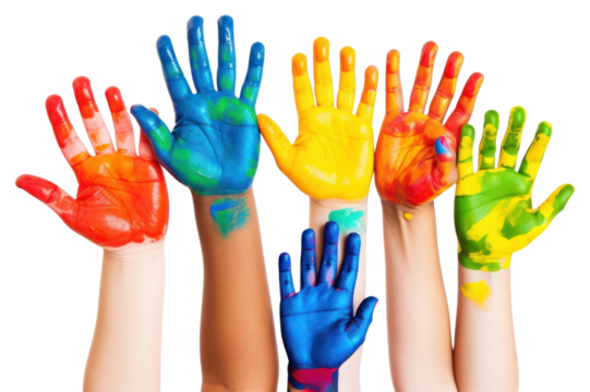 PNG Color painted diversity child hands finger white background togetherness.