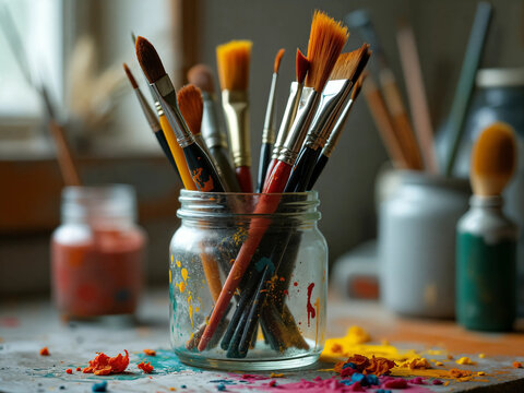 A collection of paintbrushes of varying sizes and colors stand upright in a clear glass jar, with splashes of dried paint on the jar and brushes, set against a backdrop of an artist's studio.