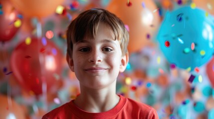 happy birthday day. Smiling child with surrounded by vibrant balloons and confetti. Bright, festive atmosphere.