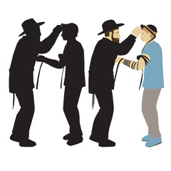 A colorful illustration and a black silhouette of a Chabad Chasid placing a tefillin on a Jew.
Isolated figures on a white background. One man is wearing a long black suit and a hat. vector.