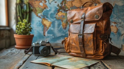 Leather Backpack and Camera for Travel