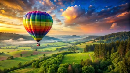 Fototapeta premium Hot Air Balloon Soaring Above Rolling Hills at Sunset, sunrise, hot air balloon, adventure, landscape ,
