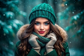 Young Woman in Cozy Green Hat and Scarf Smiling Amidst Snowy Forest in Winter. Generative AI