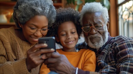 A family of three generations bonding over a smartphone. Fictional Character Created By Generated By Generated AI. - Powered by Adobe