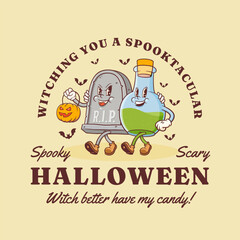 Halloween Groovy Tombstone and Poison Flask Retro Characters Label. Cartoon Personage Walking with Pumpkin Lantern. Vector Autumn Holiday Mascot T-shirt Print. Happy Vintage Cool Illustration Isolated