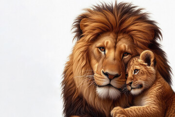 A small lion cub snuggles up to a large lion. Space for text.