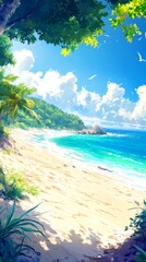 Summer's Sizzling Serenade: A High-Definition Hand-Drawn Illustration of Sun-Kissed Beach Bliss, Celebrating the Season's Heat with Vivid Colors and Warm Sands in Anime Style.