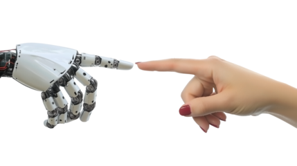 Human Hand Touches a Robot Hand PNG isolated on white and transparent background - AI and Humans Harmony and coexistence Future Interaction Digital Technology Concept
