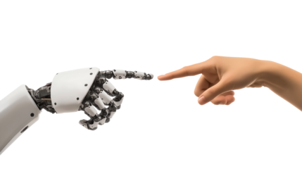 Human Hand Touches a Robot Hand PNG isolated on white and transparent background - AI and Humans Harmony and coexistence Future Interaction Digital Technology Concept