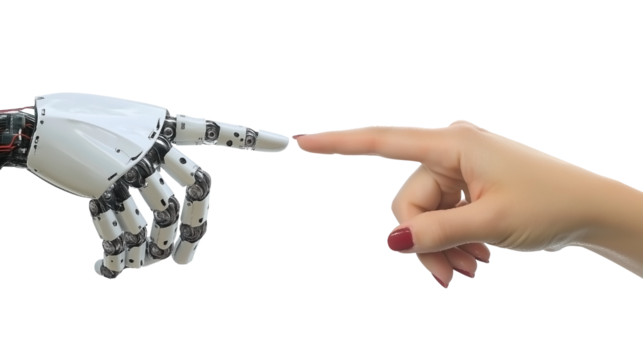Human Hand Touches a Robot Hand PNG isolated on white and transparent background - AI and Humans Harmony and coexistence Future Interaction Digital Technology Concept