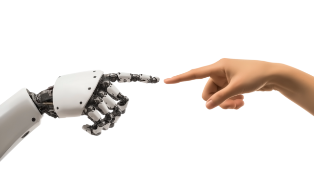 Human Hand Touches a Robot Hand PNG isolated on white and transparent background - AI and Humans Harmony and coexistence Future Interaction Digital Technology Concept