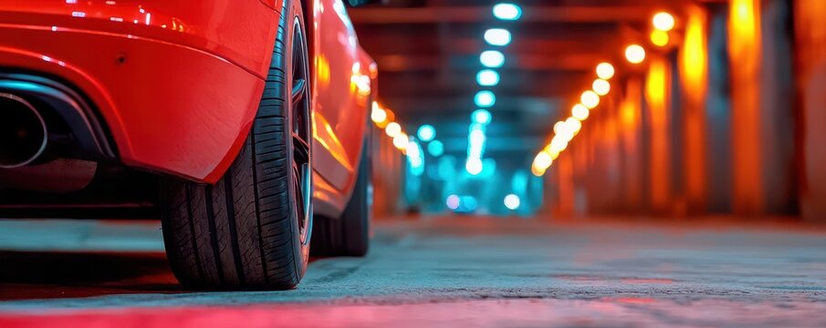 Illegal street race taking place in a deserted underground parking lot, adrenaline and risk