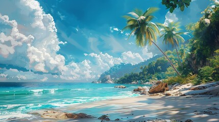 Tropical beach with palm trees and calm ocean waves, under a bright blue sky with scattered clouds. Perfect for travel and vacation themes