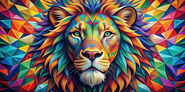 Majestic Lion in Vibrant Triangles, abstract, colorful, digital art, animal art , lion , triangle