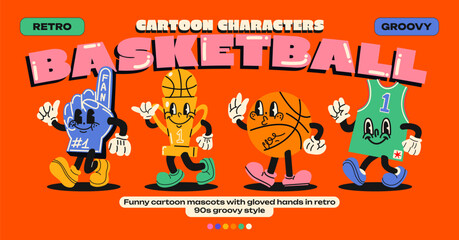 Cartoon mascots basketball. Basketball sports elements: glove, jersey, ball, trophy, cup with emotions and gloved hands. Comic characters, trendy doodle retro 90s poster.