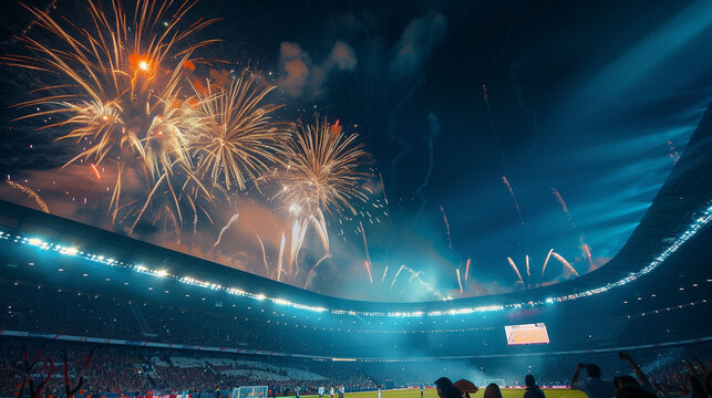 Spectacular fireworks light up the night sky over a crowded soccer stadium, creating a festive and exhilarating atmosphere during a match.
