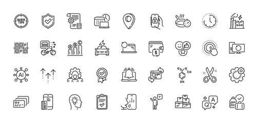 Work time, Like and Team work line icons pack. AI, Question and Answer, Map pin icons. Agent, Time, Car charging web icon. Reminder, Confirmed, Swipe up pictogram. Vector