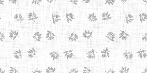 White neutral minimal botanical leaf motif with Linen effect texture for baby nursery seamless background. Modern muted simple soft motif pattern for wallpaper, home decor white gray design. 