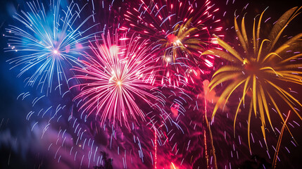 Colorful fireworks explode in the night sky with vibrant blue, pink, and yellow bursts creating a spectacular and festive display.