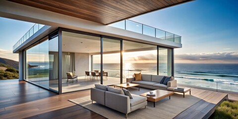 Fototapeta premium Modern Coastal Home with Ocean View, Sofa, Deck, Sun , Ocean, Interior Design, Modern Architecture