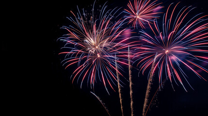 A vibrant display of colorful fireworks exploding against a dark night sky, showcasing red, blue, and white bursts with streaks of light and sparks.