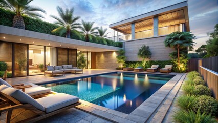 Modern Poolside Retreat at Dusk, 3D Rendering, Backyard Oasis, Luxury Home, Swimming Pool