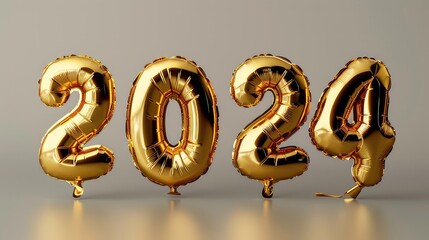 Gold foil balloons spelling out the year 2024 against a grey background.