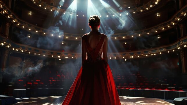 From the back of the concert hall stage, an opera singer in a stunning red dress stands, her presence captivating even from behind as she prepares to grace the audience with her performance.