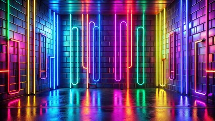 Fototapeta premium Neon Lights Reflecting on Wet Floor in Brick Room, 3D Rendering, Neon Lights, Brick Wall, Wet Floor, Reflection