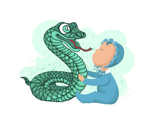 Fototapeta premium Little boy and snake. Birth of new baby in the year of snake. Birthday card vector sketch illustration