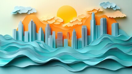 Creative Paper Art City Skyline with Folded Buildings