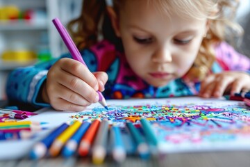 A young girl concentrates deeply as she colors a picture on a table, surrounded by a variety of colorful pencils, representing creativity and childhood innocence.