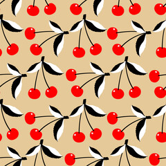 Cherry on a beige background. Seamless background for fabrics, textiles, packaging and wallpaper. Vector illustration