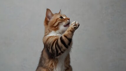cat posing alone on white, giving a high five