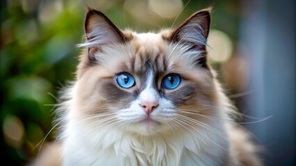 Obraz premium Ragdoll Cat Portrait with Blue Eyes, Close Up, Blurred Background, Fluffy Fur, cat portrait, animal photography, pet photography