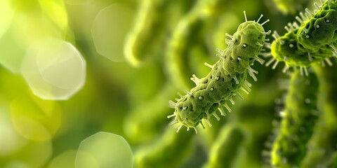 Naklejka premium A close-up view of a green, bacterium-like structure set against a soft, blurred light background in shades of white and green