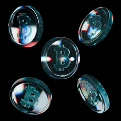 3d glass coins rendering dispersion bitcoins set	