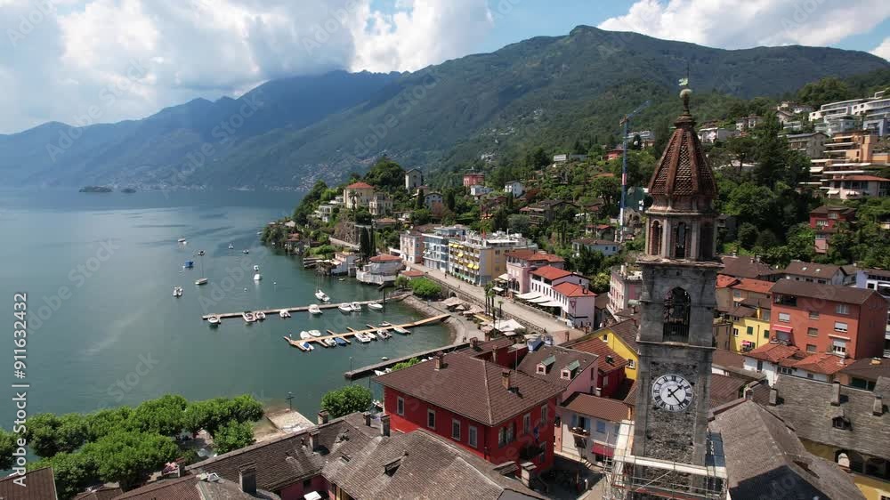 Poster switzerland travel and landmarks - colorful charming town ascona, lake lago maggiore near locarno , 