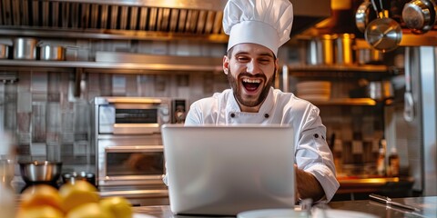 elated chef using laptop, commercial kitchen background, copy space