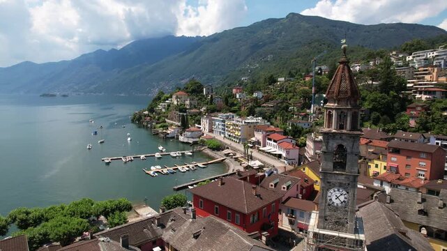  Switzerland travel and landmarks - colorful charming town Ascona, lake Lago Maggiore near Locarno , canton Ticino . aerial drone 4k hd video.  view of old town