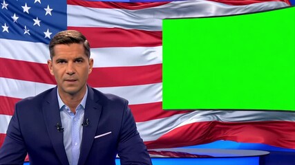 Caucasian Anchorman at desk speaks during broadcast in front of a waving American flag and OTS graphic over right shoulder that is a chroma key green screen.