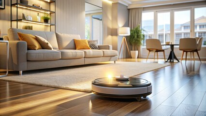 Robot Vacuum Cleaning Modern Living Room, robot vacuum, smart home, automated cleaning, futuristic home