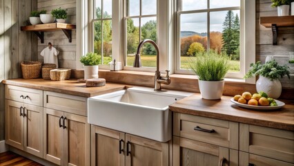 Rustic Kitchen Sink with Window View, Farmhouse, Country Kitchen, Wooden Cabinets, Sink Faucet, Kitchen Design, Farmhouse Style