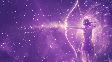 A luminous archer aiming into outer space, in an unearthly artistic style, against the background of a dark galaxy. The concept of astrology and zodiac signs. Sagittarius.