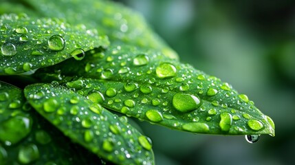 Close-up of green leaves covered in water droplets, showcasing a vibrant, fresh appearance
