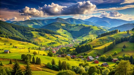Obraz premium Serene Mountain Valley with Lush Green Slopes, Blue Skies and Fluffy Clouds, Rural Village Houses, Aerial View, landscape photography, green, mountains