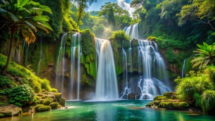 Serene Waterfall in Lush Green Jungle, Long Exposure, Waterfalls, Nature, Paradise