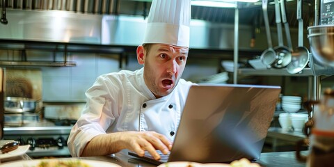 Perplexed male chef using laptop