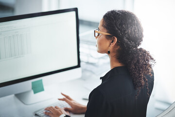 Computer screen, financial consultant and woman in office for data analytics, accounting or profit...