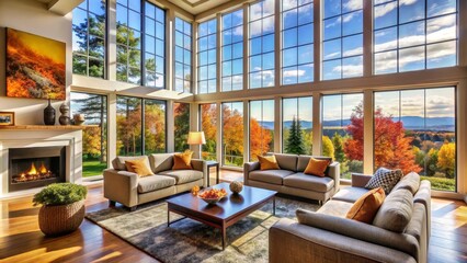Naklejka premium Spacious Living Room with Fall Foliage View, Grey Couches, Fireplace, Wooden Floor, large windows, fall foliage, interior design